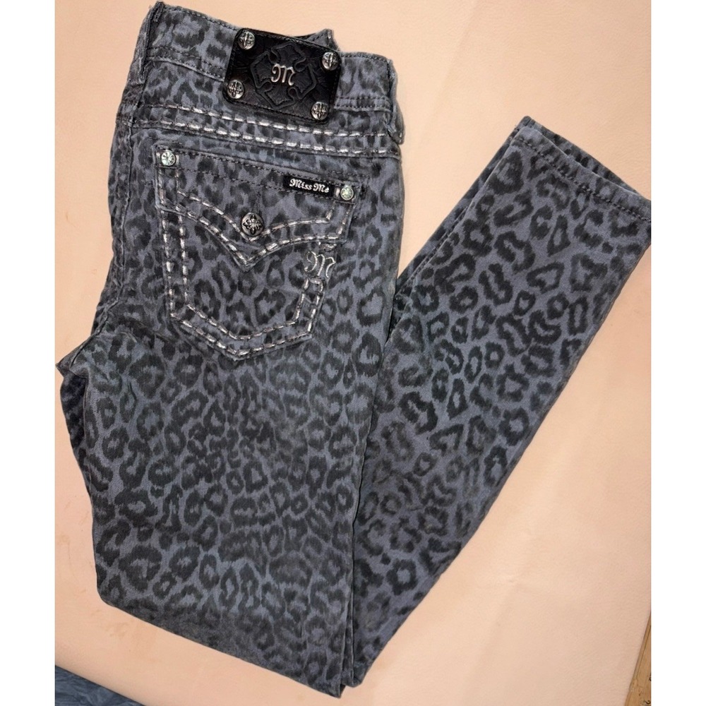 Miss Me Cargo Womens 28 Leopard Print Skinny Jeans Gray Signature Rise Rinestone